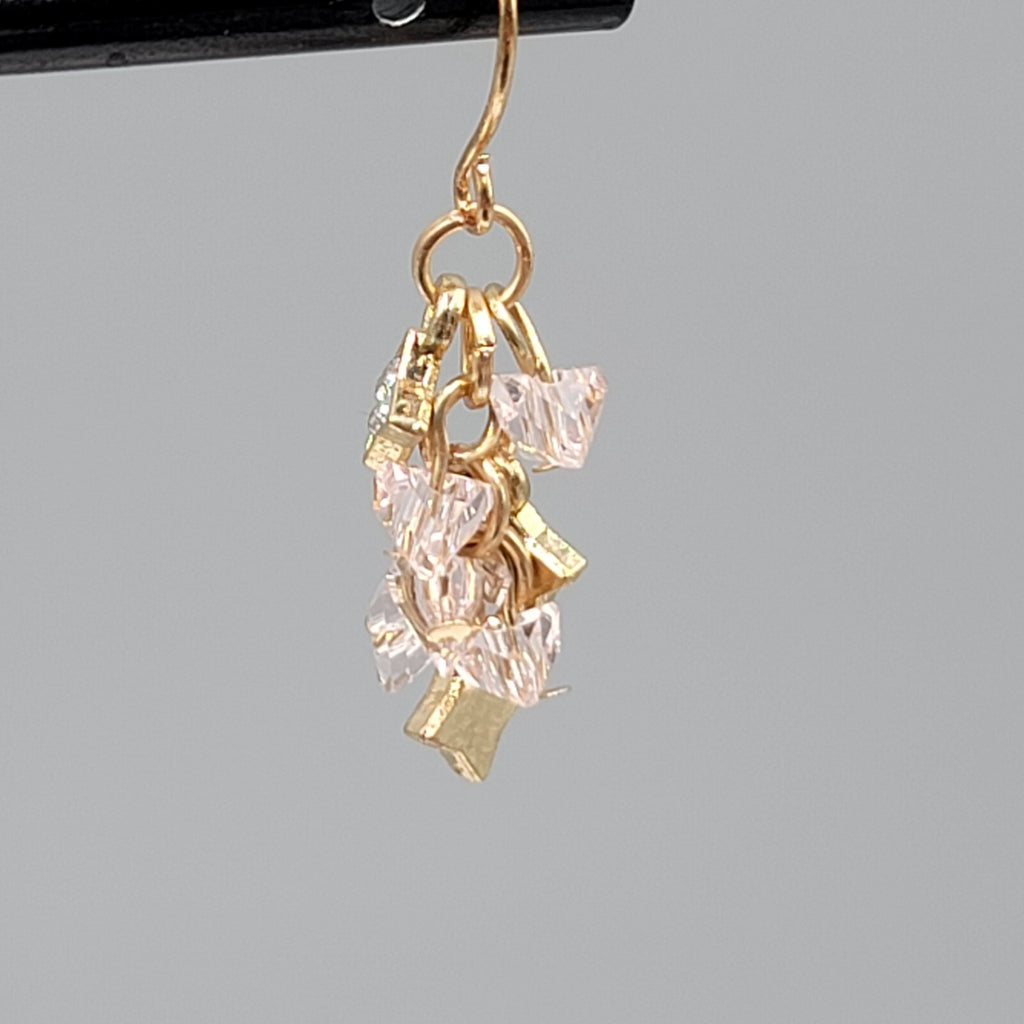 Pierced Earrings Gold tone Pink Crystal Cluster Bead Dangle 1"