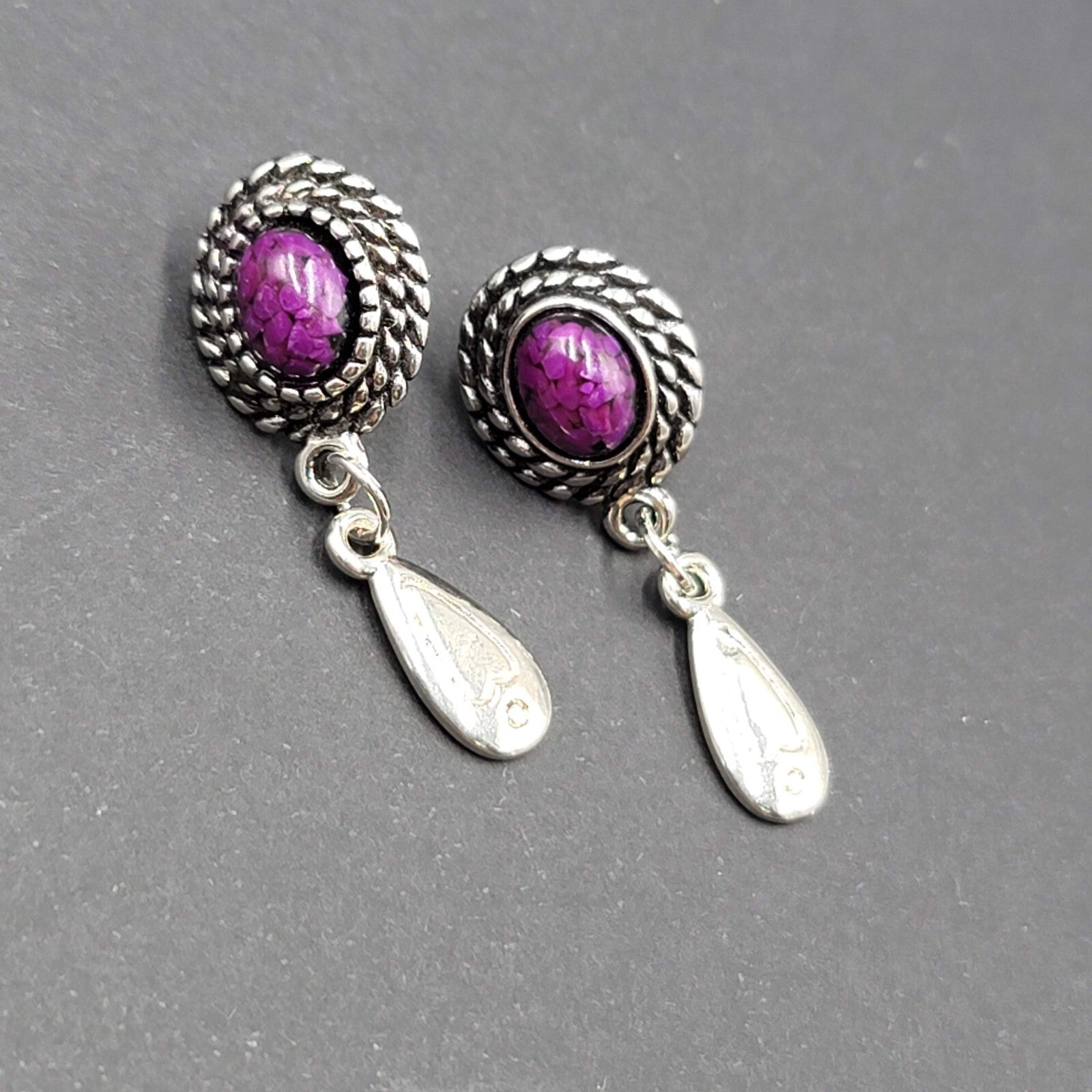Vintage Pierced Earrings Silver tone Dangle Purple Cabochon 1.25"