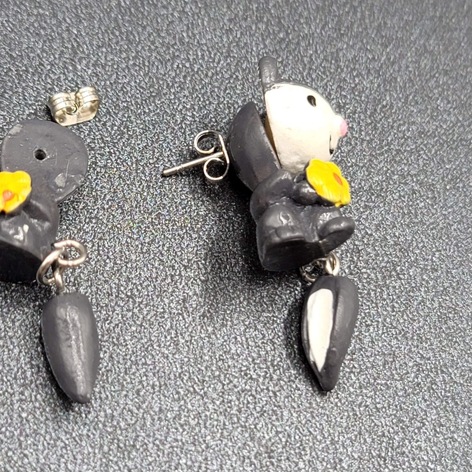 Vintage Pierced Earrings Gray Hand Painted 3D Skunk Dangle 1.25"