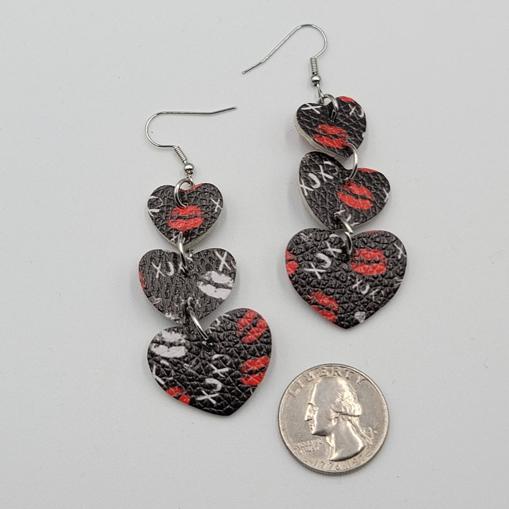 Pierced Earrings Black Faux Leather Kisses Hearts Silver tone Dangle 2.25"
