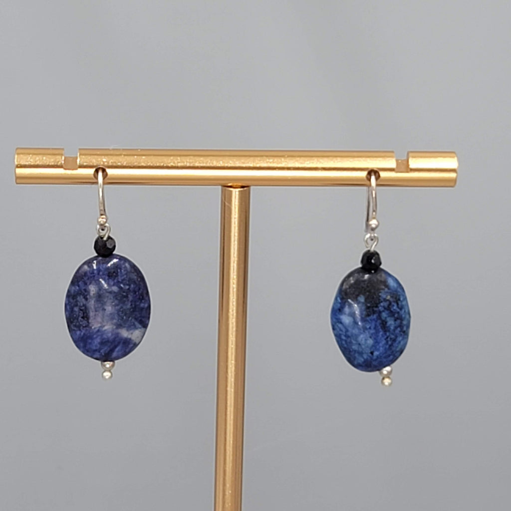 Blue Lapis Oval Stone Bead Pierced Earrings Silver tone Dangle 3/4"