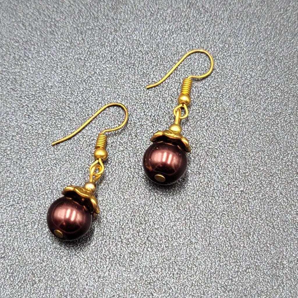 Pierced Earrings Gold tone Bronze Bead Capped Bead Dangle 3/4"