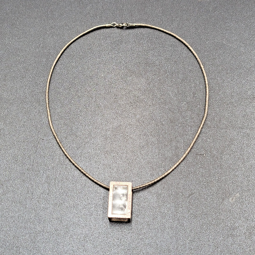 Quartz Crystal Necklace Unique Silver tone Caged Pendant Modernist Look 16.25"