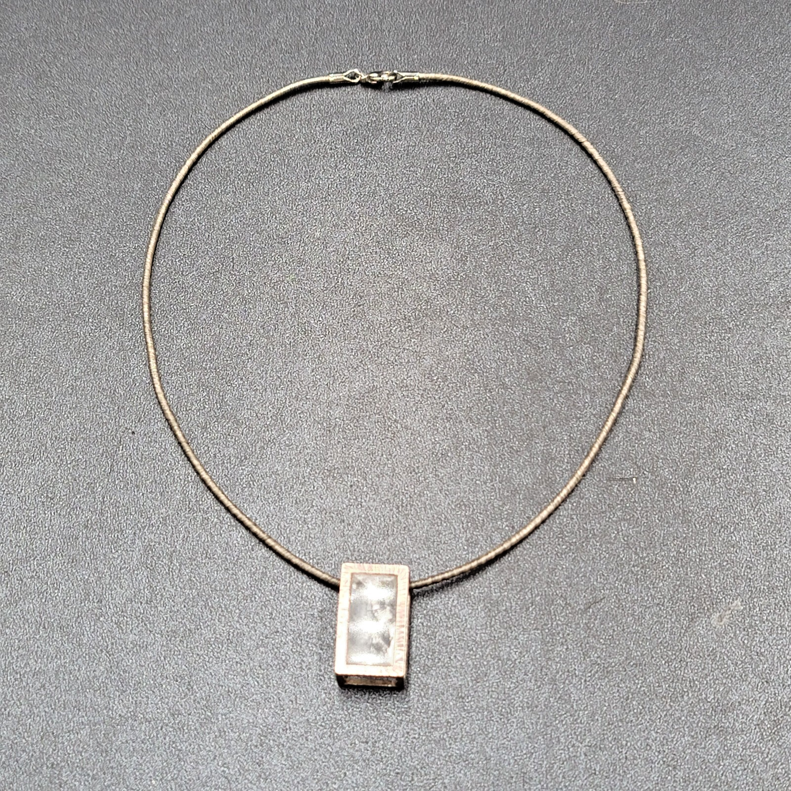 Quartz Crystal Necklace Unique Silver tone Caged Pendant Modernist Look 16.25"