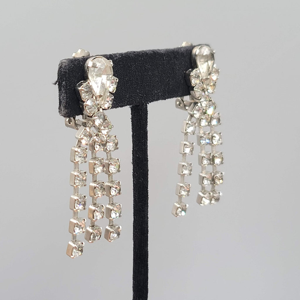 Vintage Long Rhinestone Clip on Earrings Silver tone 2"