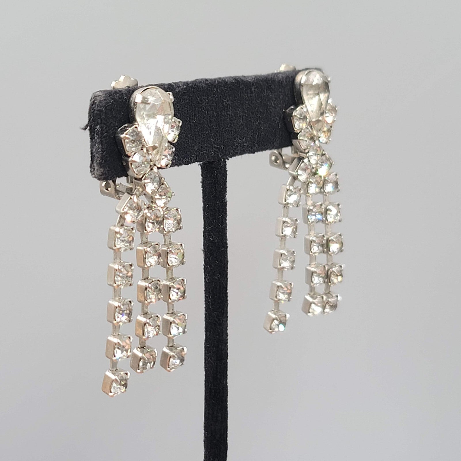 Vintage Long Rhinestone Clip on Earrings Silver tone 2"