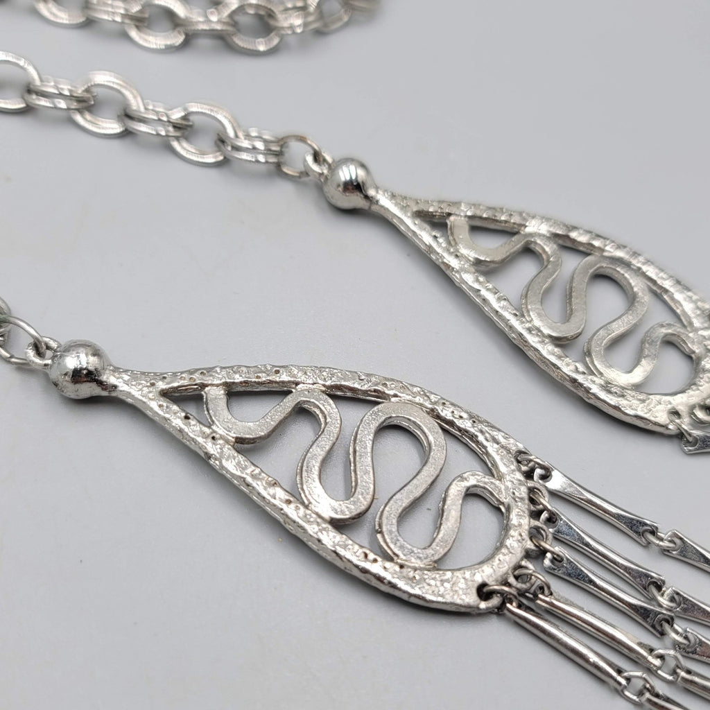 Vintage Lariat Necklace MCM Statement Silver tone LONG 36" + 5.5" Tassels