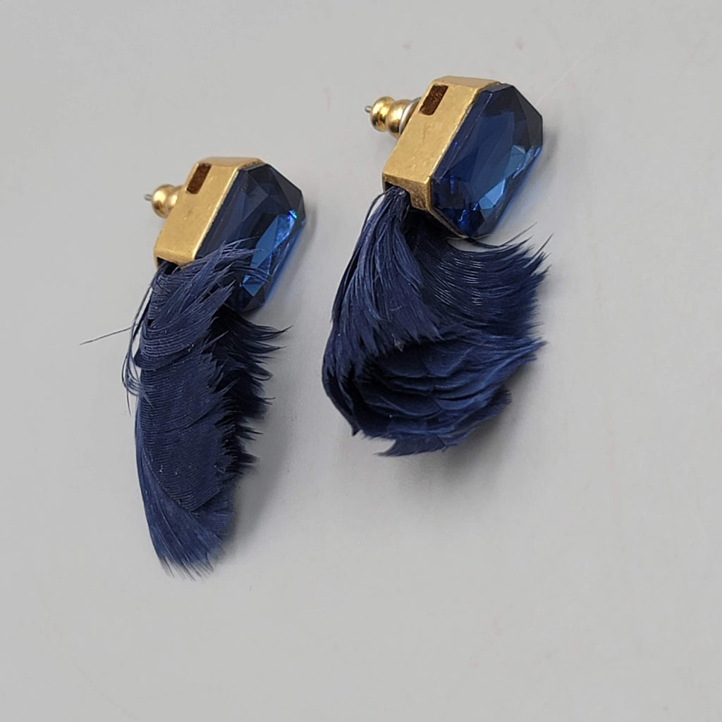 Real Feather Dark Blue Rhinestone Pierced Earrings Drop 1.5 in