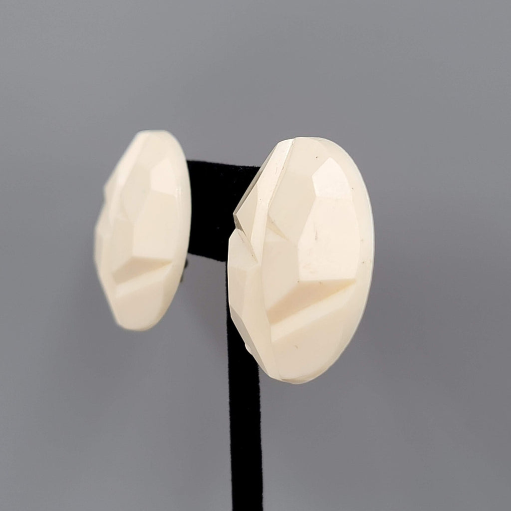 Vintage Germany Clip on Earrings Acrylic White Molded Round 1.25"