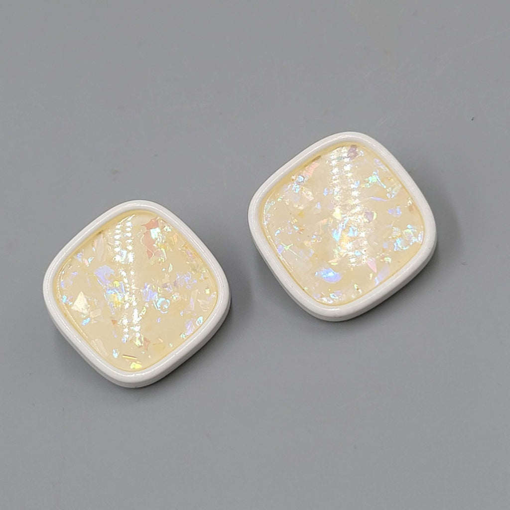 Vintage White Confetti Pierced Earrings Acrylic Square Drop 1.25"
