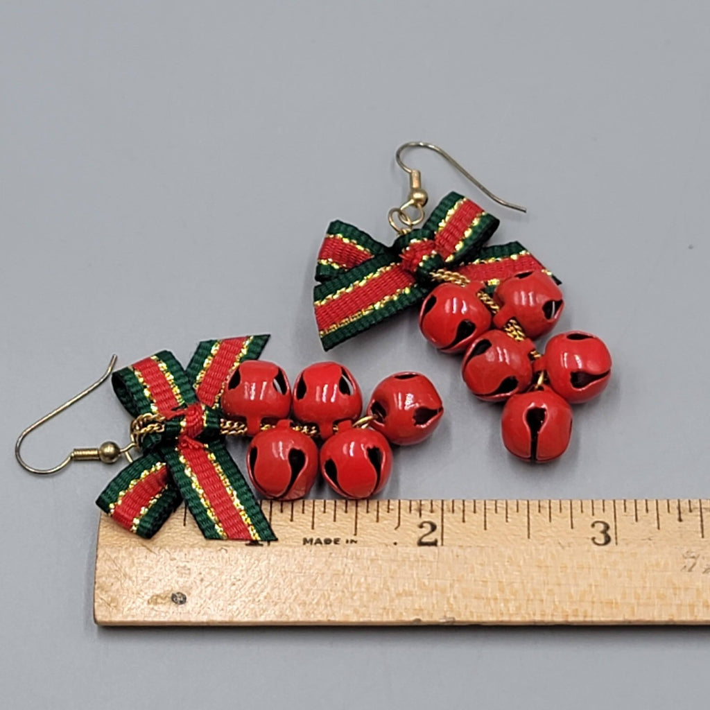 Vintage Christmas Jingle Bells Pierced Earrings Ribbon Gold tone Dangle 2"