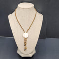 Signed Holly Necklace Gold tone Seed Bead White Stone Pendant Tassels 16"-18"