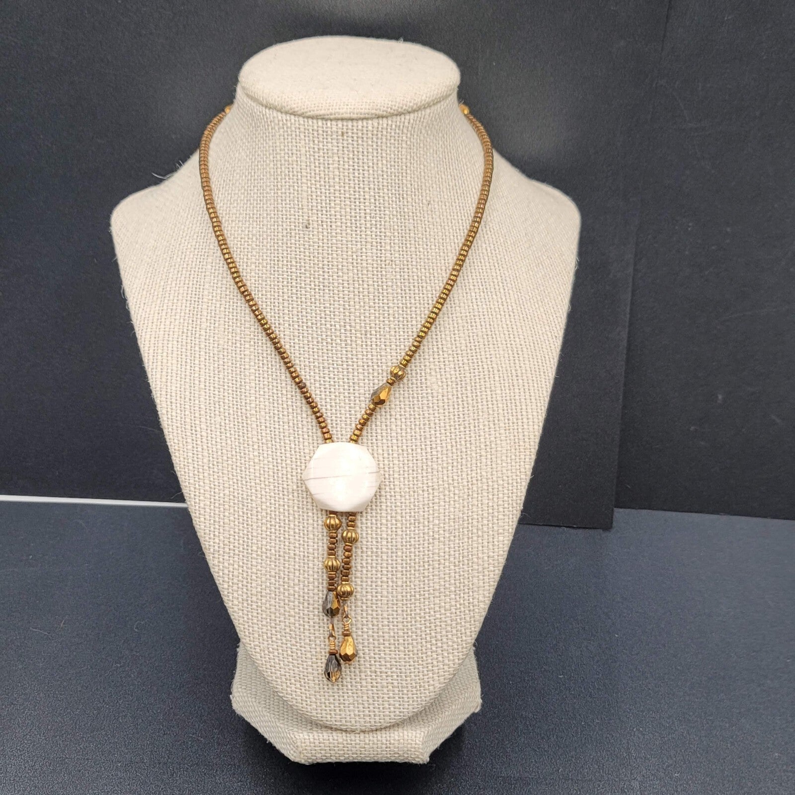 Signed Holly Necklace Gold tone Seed Bead White Stone Pendant Tassels 16"-18"