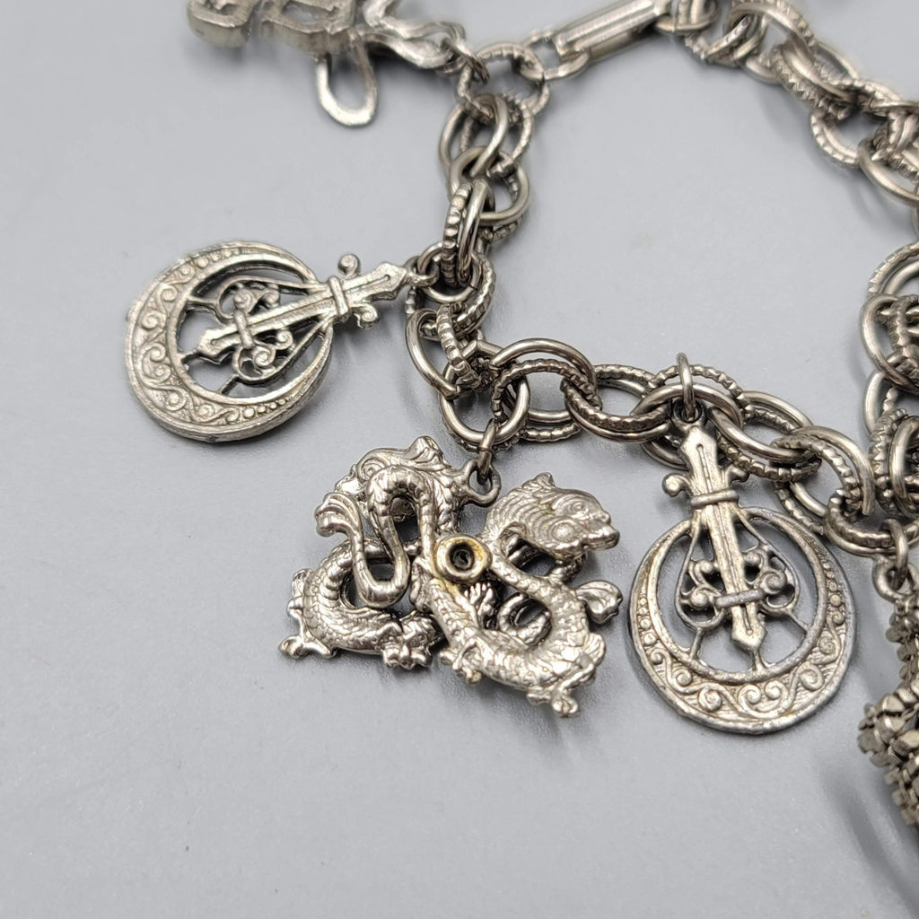 Vintage HAR HARGO Charm Bracelet Asian Silver tone Chunky 6.75 in