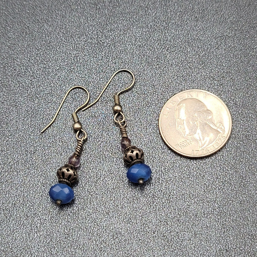 Pierced Earrings Silver tone Blue Glass Faceted Bead Dangle 1"