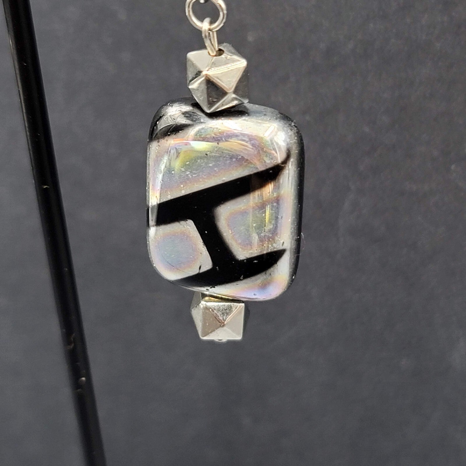 Pierced Earrings Unique Art Glass Beads Iridescent Rectangles 1 3/8"