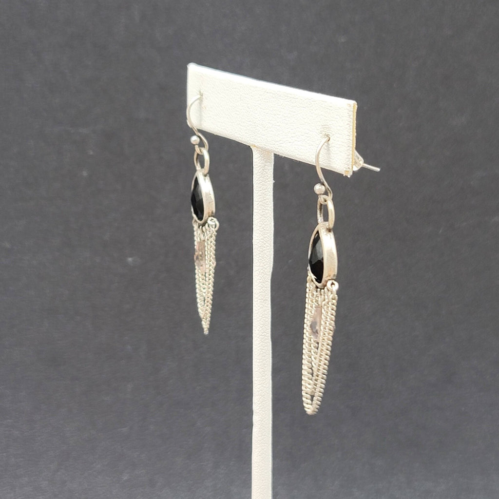 Pierced Earrings Silver tone Black Faceted Teardrop Chains  1.75"