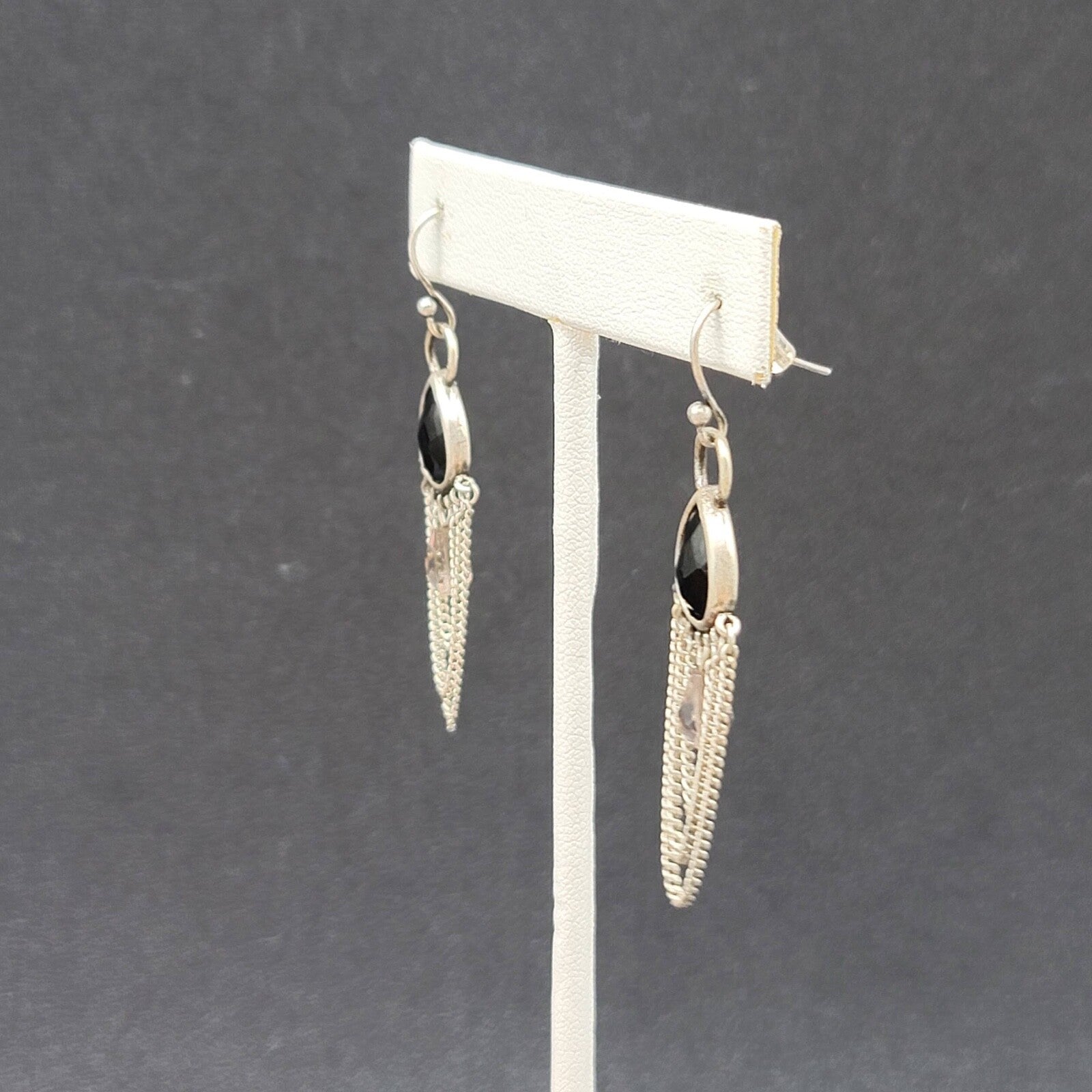 Pierced Earrings Silver tone Black Faceted Teardrop Chains  1.75"