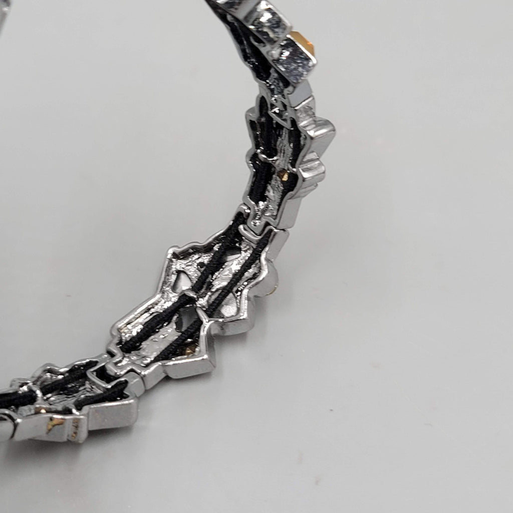 Black Yellow Rhinestone Bracelet Gun Metal Gray Metal Elastic 7"