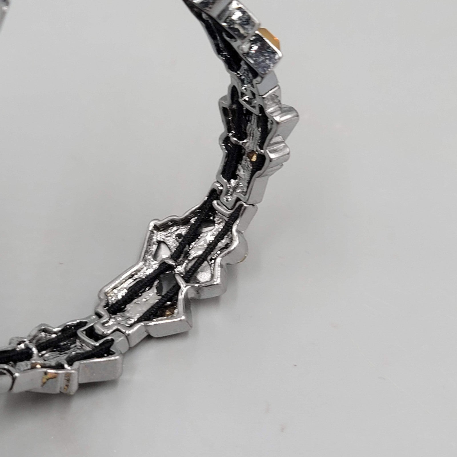 Black Yellow Rhinestone Bracelet Gun Metal Gray Metal Elastic 7"