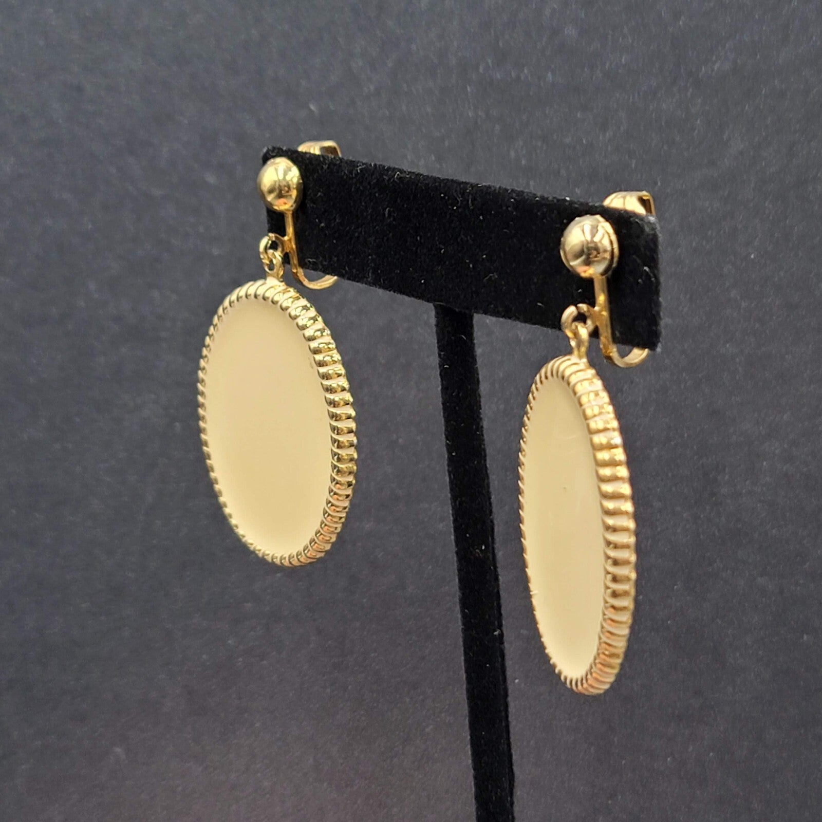 Vintage Clip on Earrings Gold tone Cream White Enamel Oval Dangle 1.5"