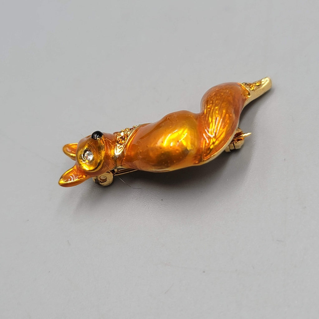 Fox Enamel Brooch Rhinestone Forest Friend Animal Gold tone  1.5"