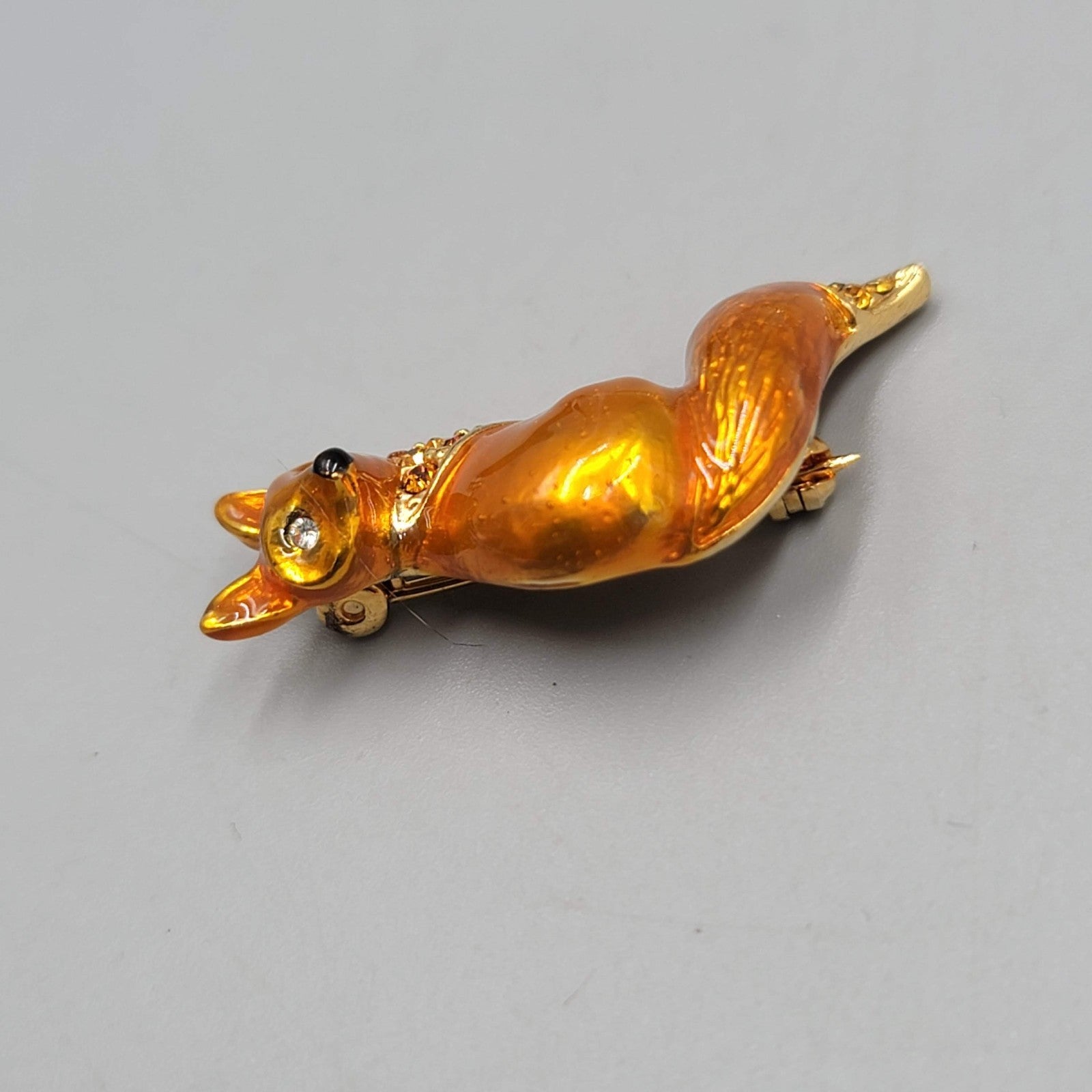 Fox Enamel Brooch Rhinestone Forest Friend Animal Gold tone  1.5"