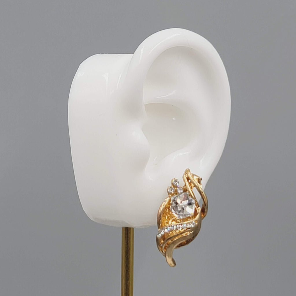 Vintage Statement Drop Pierced Earrings Large Rhinestone Gold Plated 1.25"