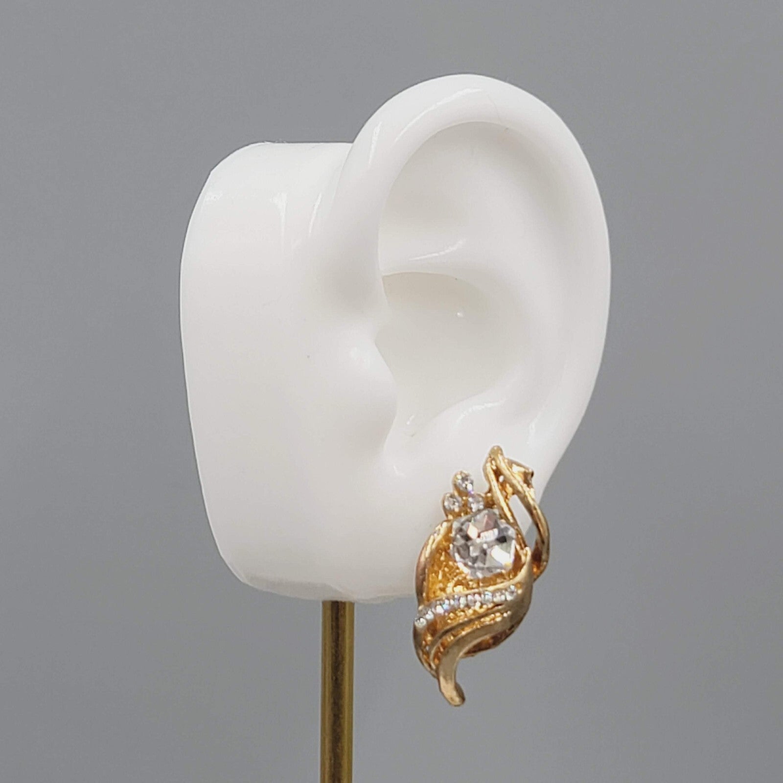 Vintage Statement Drop Pierced Earrings Large Rhinestone Gold Plated 1.25"
