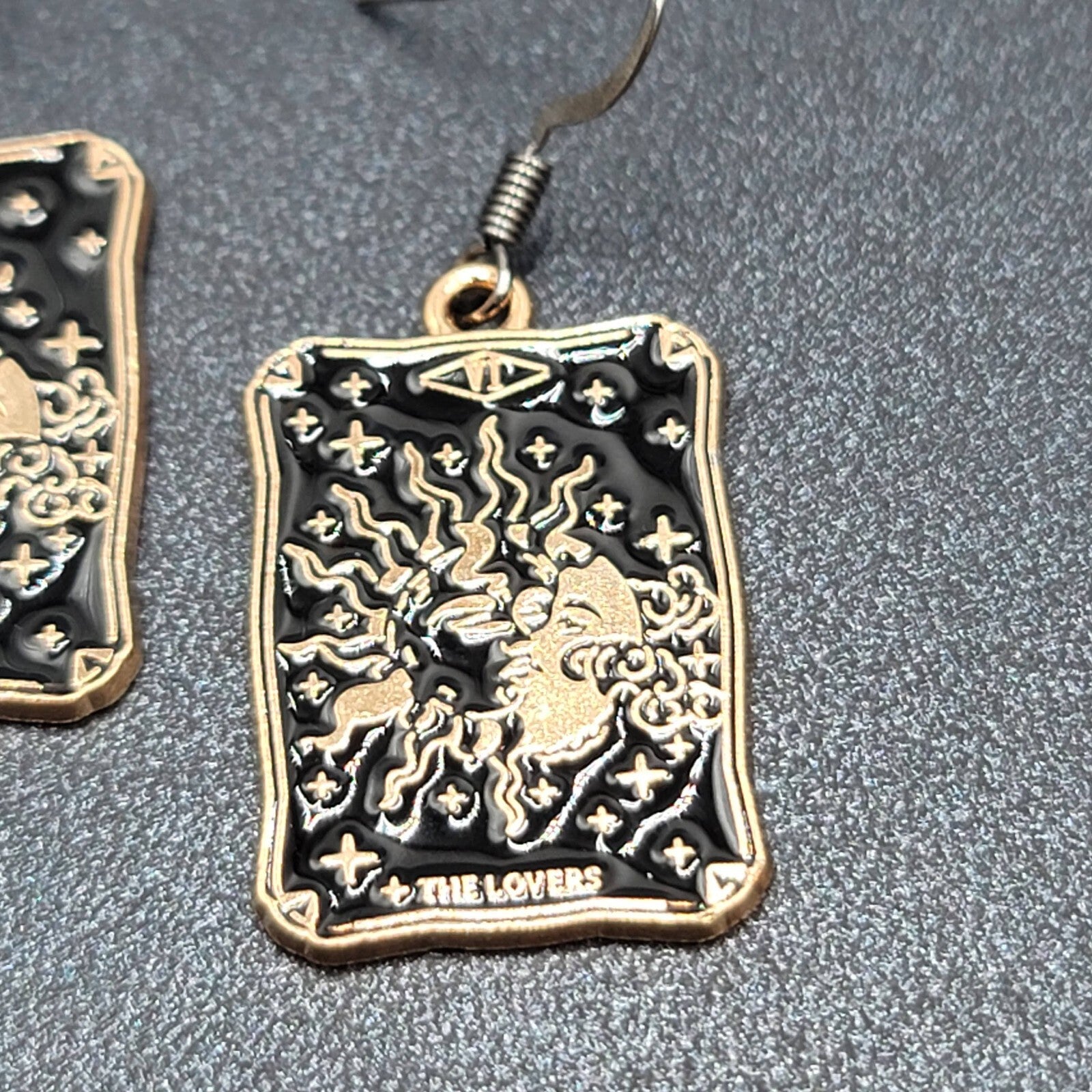 Tarot Card Pierced Earrings The LOVERS Sun and Moon Gold tone Black 1"
