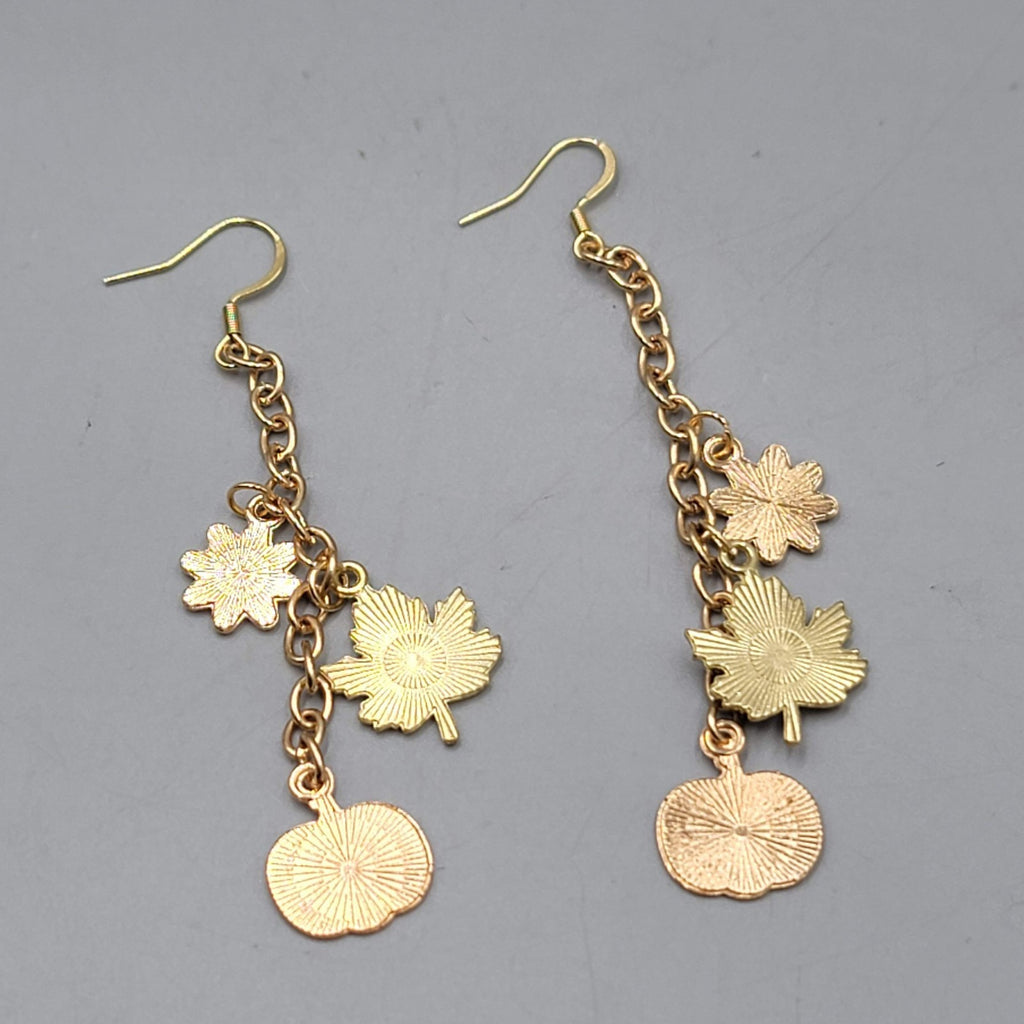 Autumn Fall Theme Pierced Earrings Flower Pumpkin Leaf Gold tone Dangle 2.75 in