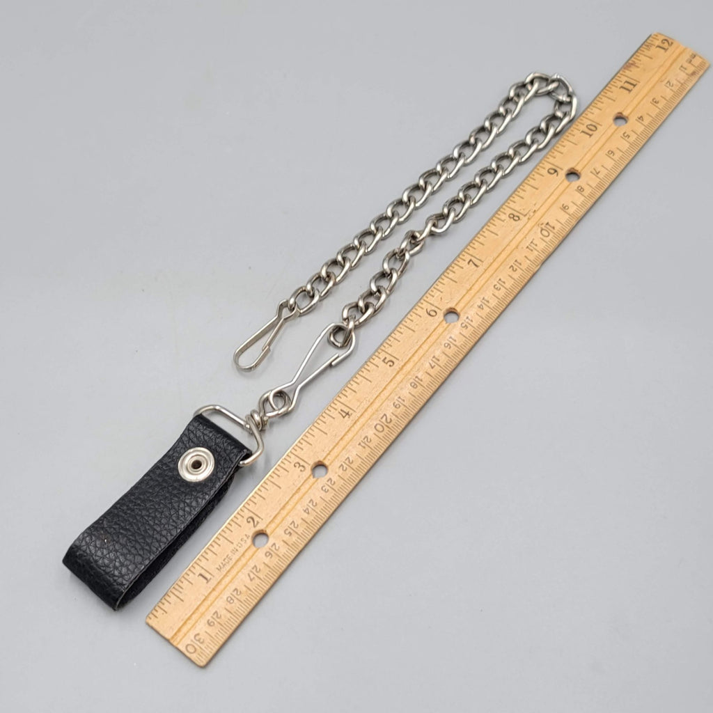 Belt & Buckle Wallet Chain Black Leather Silver tone 12"