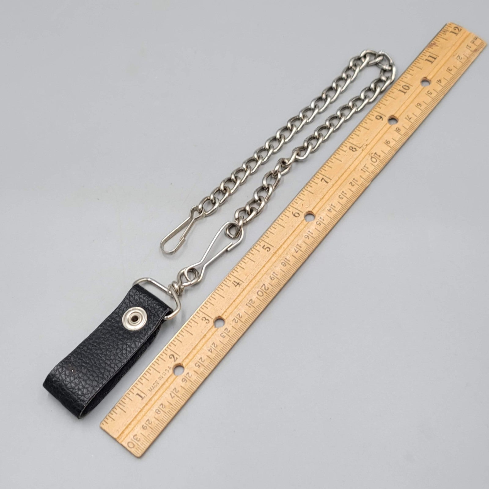 Belt & Buckle Wallet Chain Black Leather Silver tone 12"