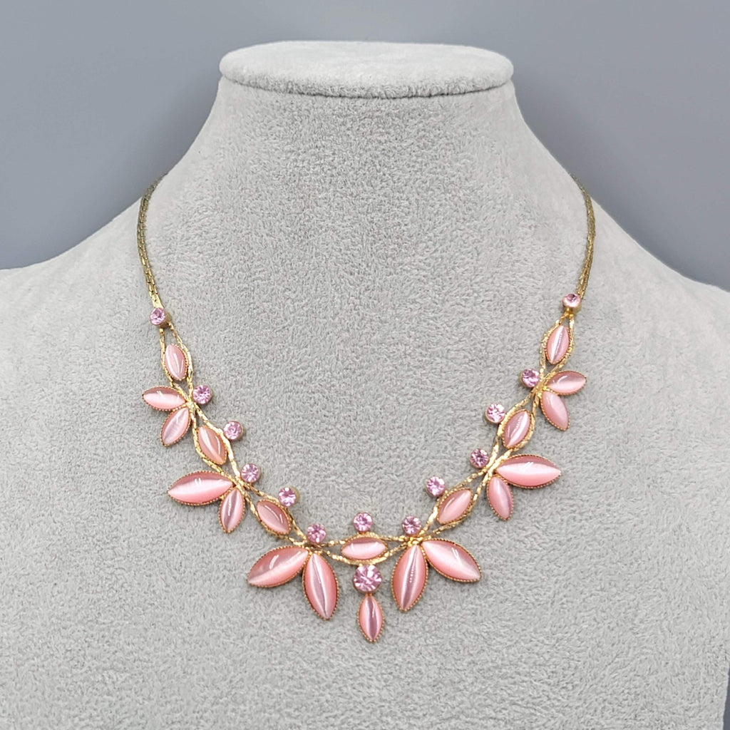 Avon Pink Cats Eye Necklace Rhinestone Gold tone Statement Pretty ~ 16"-18"