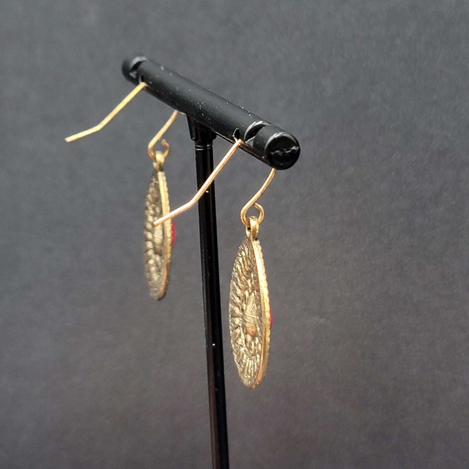 Boho Pierced Earrings Gold tone Teardrop Medallion Dangle 1"