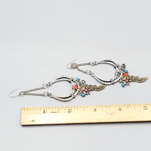 Boho Statement Charm Dangle Pierced Earrings Silver tone 3.5"