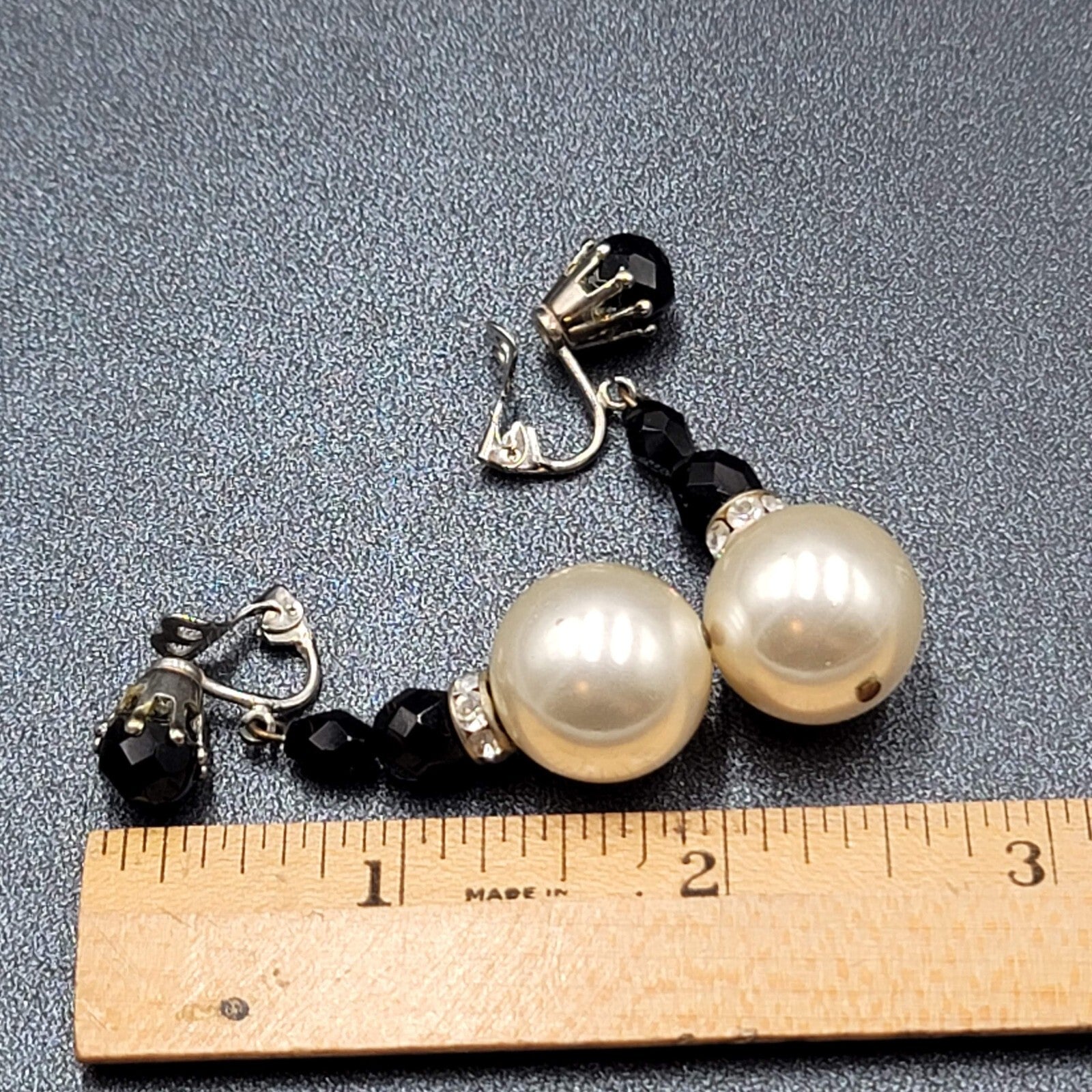 Vintage Clip on Earrings Black White Dangle Beads 1.5"