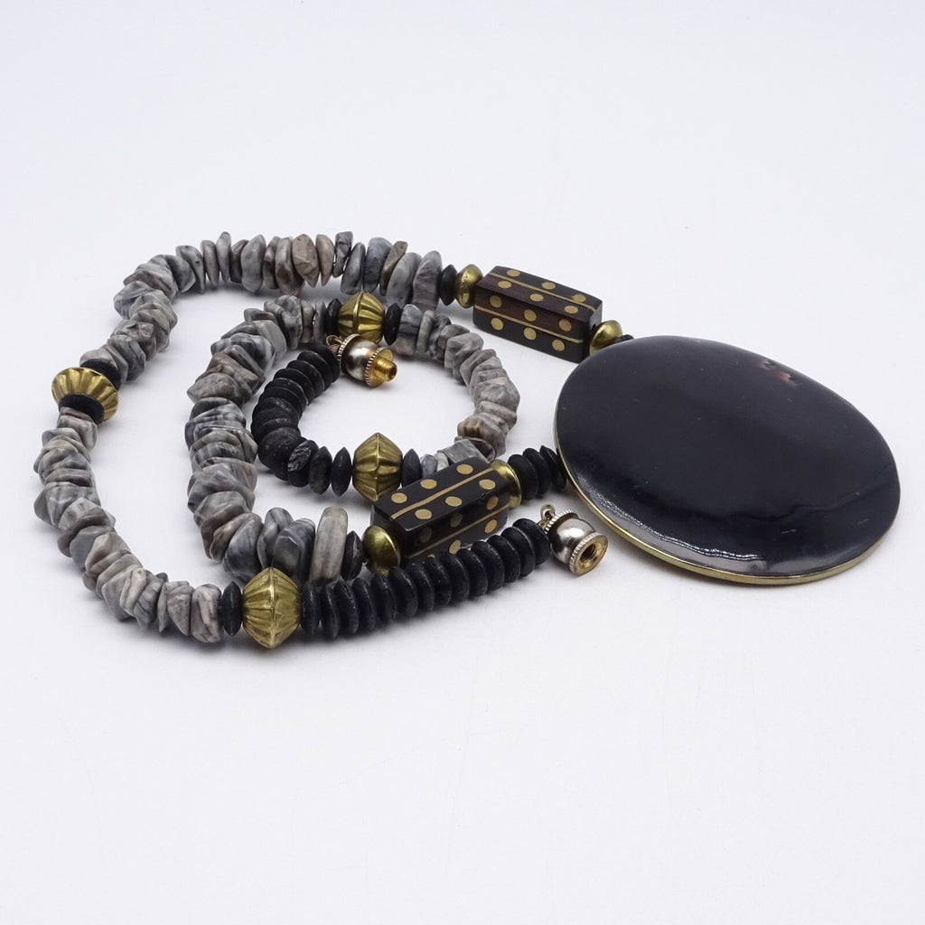Boho Ethnic Necklace Gray Stone Beads Enamel Brass Inlay Pendant 24"