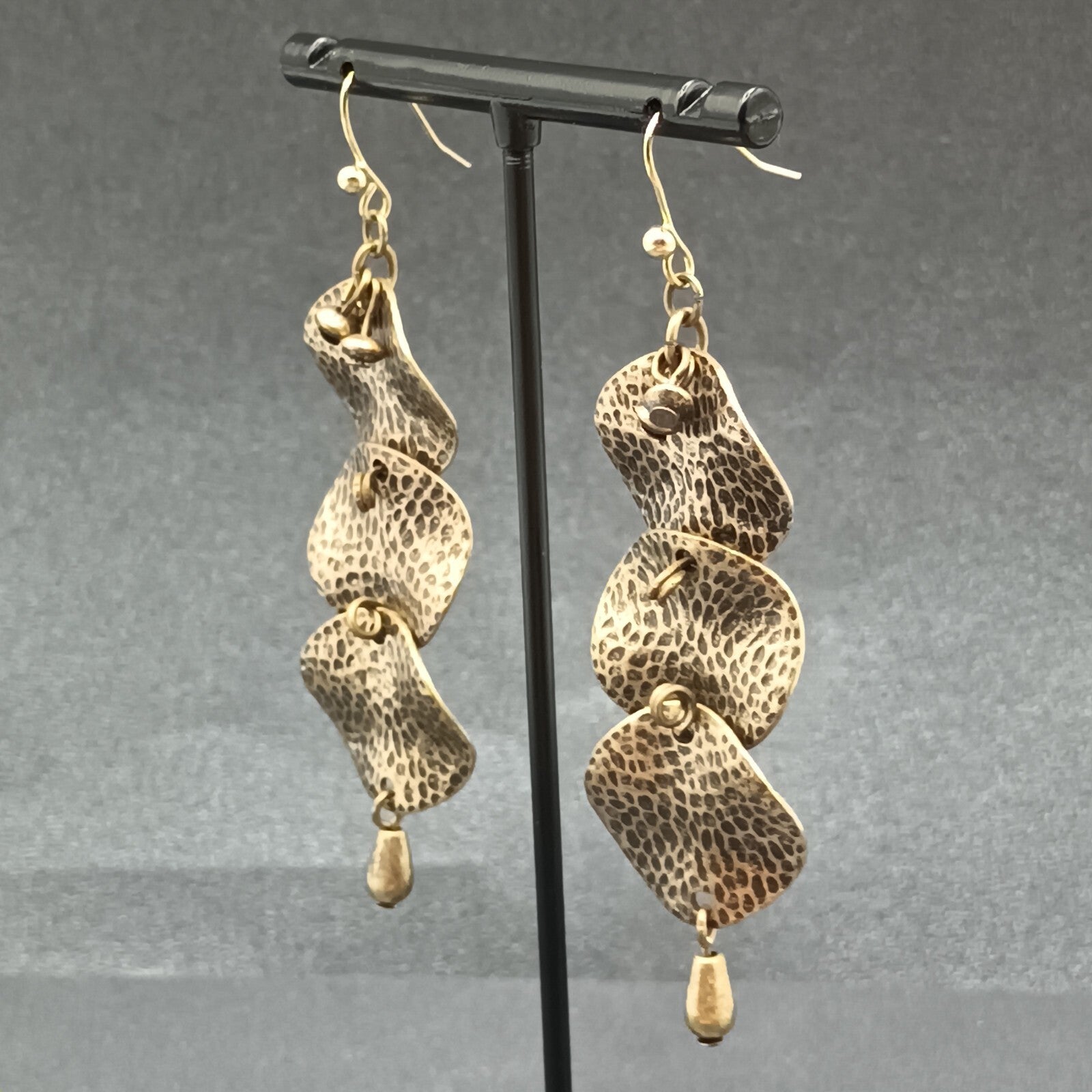 Pierced Earrings Antiqued Hammered Gold tone Wavy Circles Statement Drop 2 3/8"