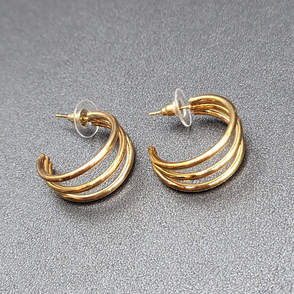 Pierced Earrings Triple Hoops Gold tone 1" Costume Jewely