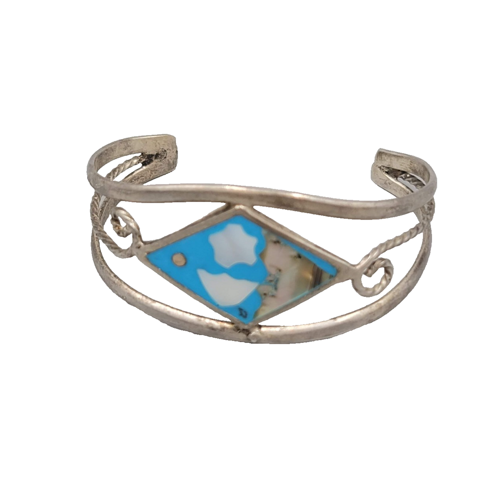 Alpaca Silver Vintage Mexico Cuff Bracelet Mother of Pearl  Abalone Shell Inlay