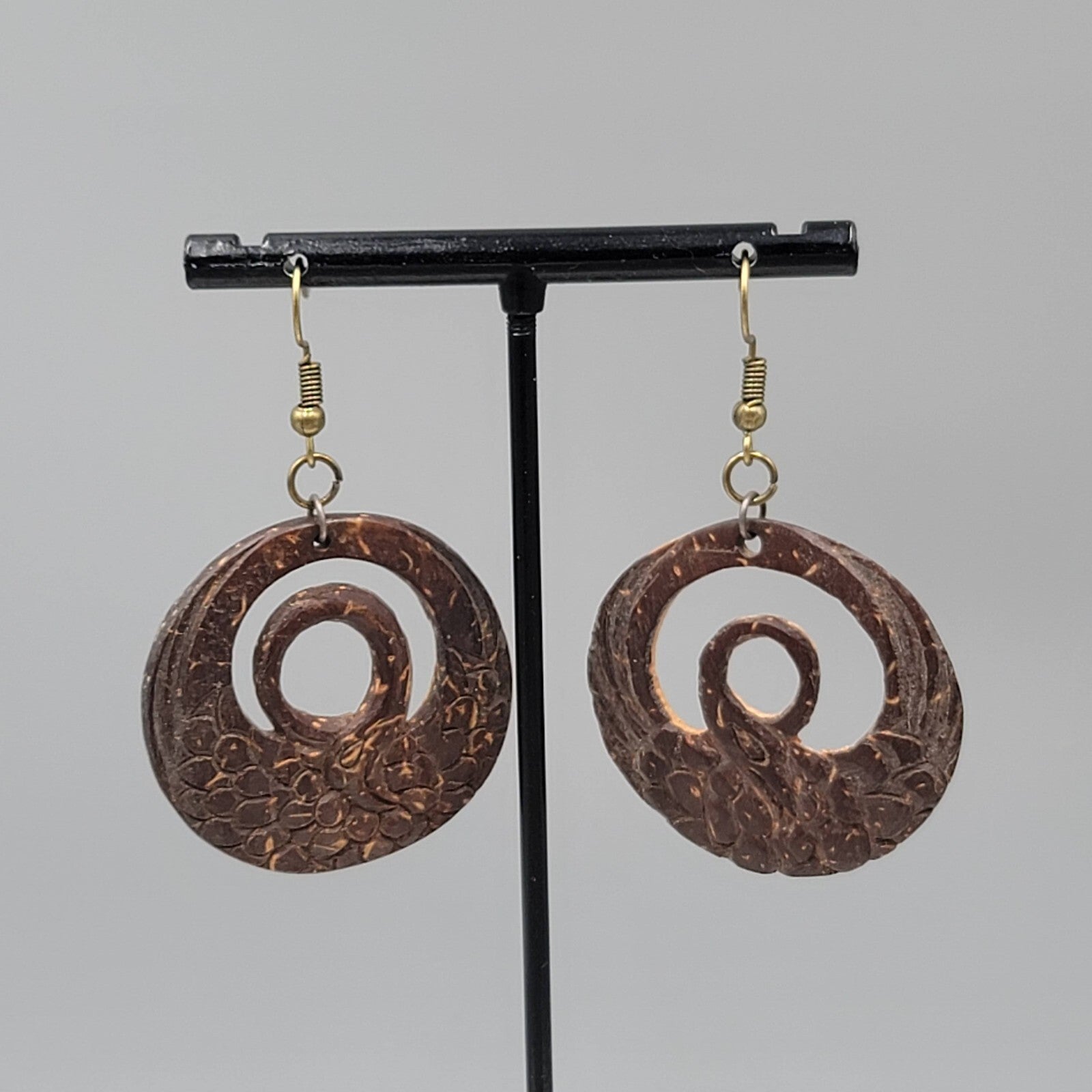 Vintage Coconut Pierced Earrings Hand Carved Bird Dangle 1.5"