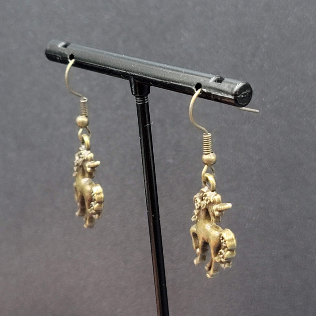 Unicorn Pierced Earrings Bronze tone Dangle 7/8" NEW