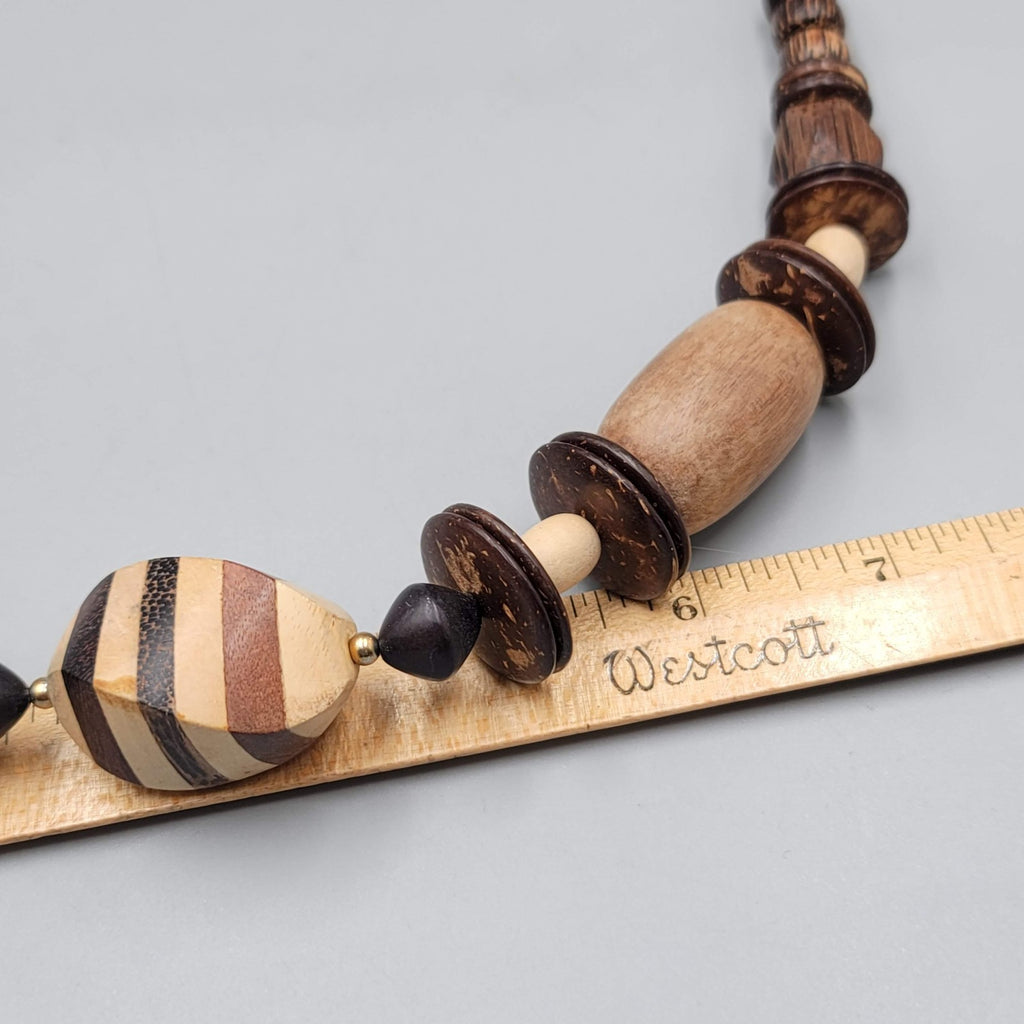 Vintage Large Wood and Coconut Bead Statement Necklace 24"