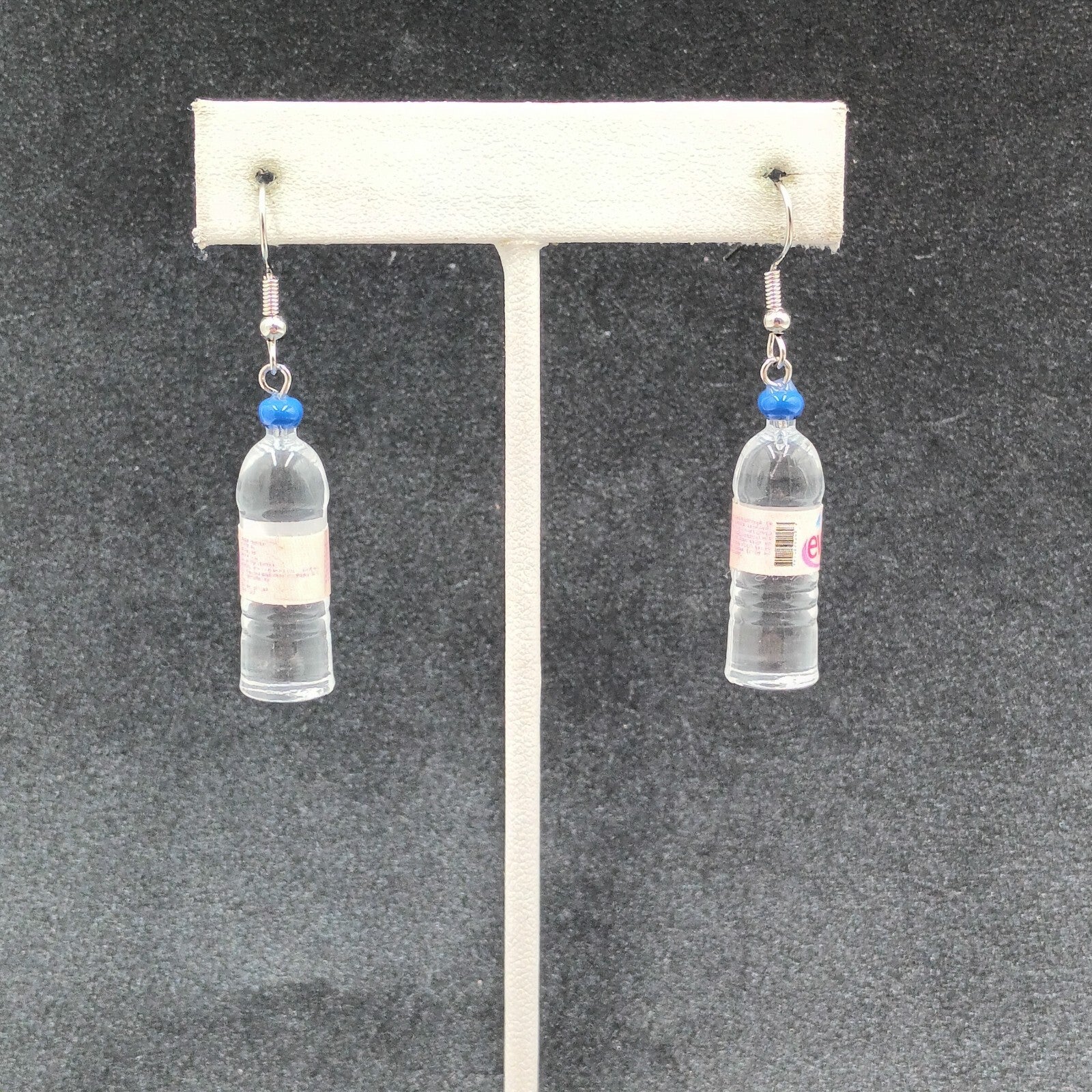Evian Water Bottle Pierced Earrings  Silver tone Acrylic Miniature Dangle 1 1/4"