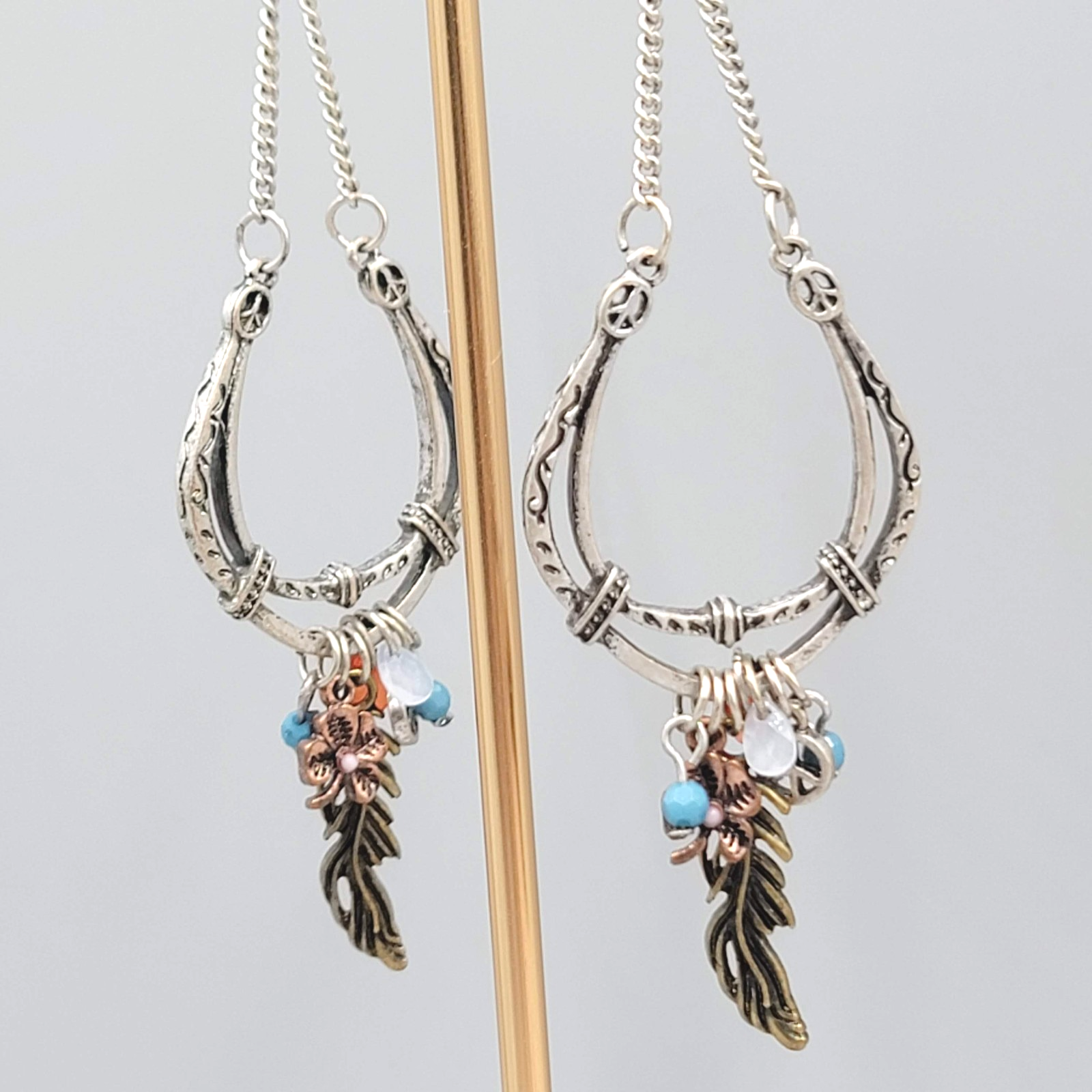 Boho Statement Charm Dangle Pierced Earrings Silver tone 3.5"