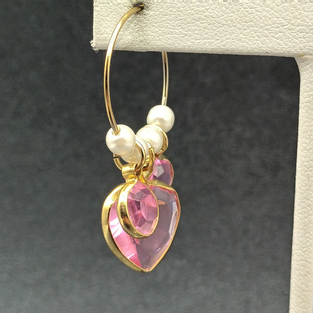 Pierced Earrings Gold tone Wire Faux Pearl Pink Faceted Acrylic Hoop 1 1/2"