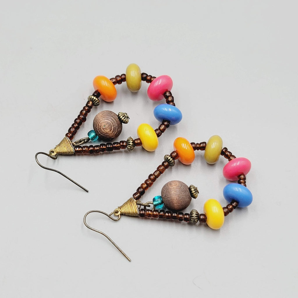Multicolor Wood Beads Pierced Earrings Teardrop Dangle 2"
