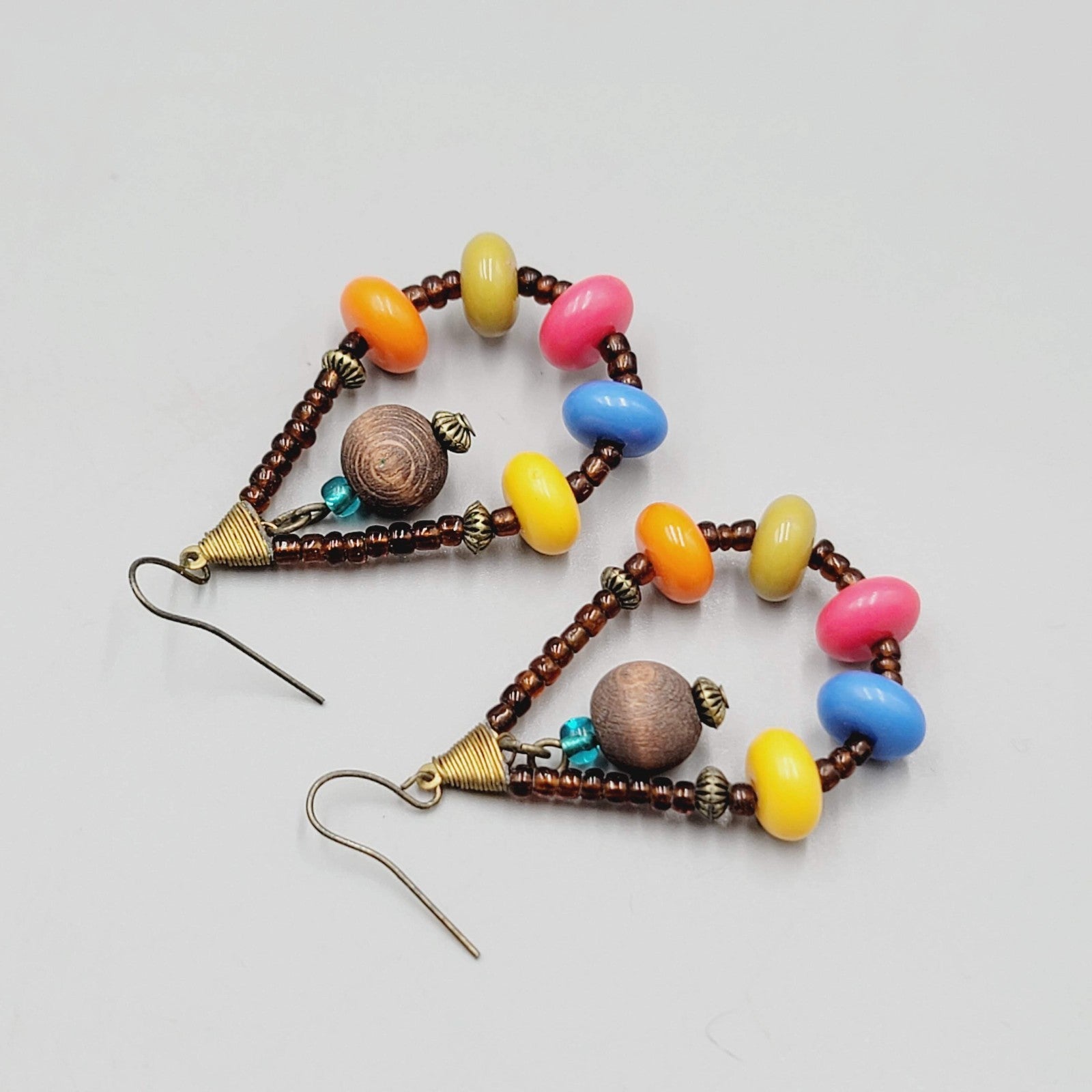 Multicolor Wood Beads Pierced Earrings Teardrop Dangle 2"