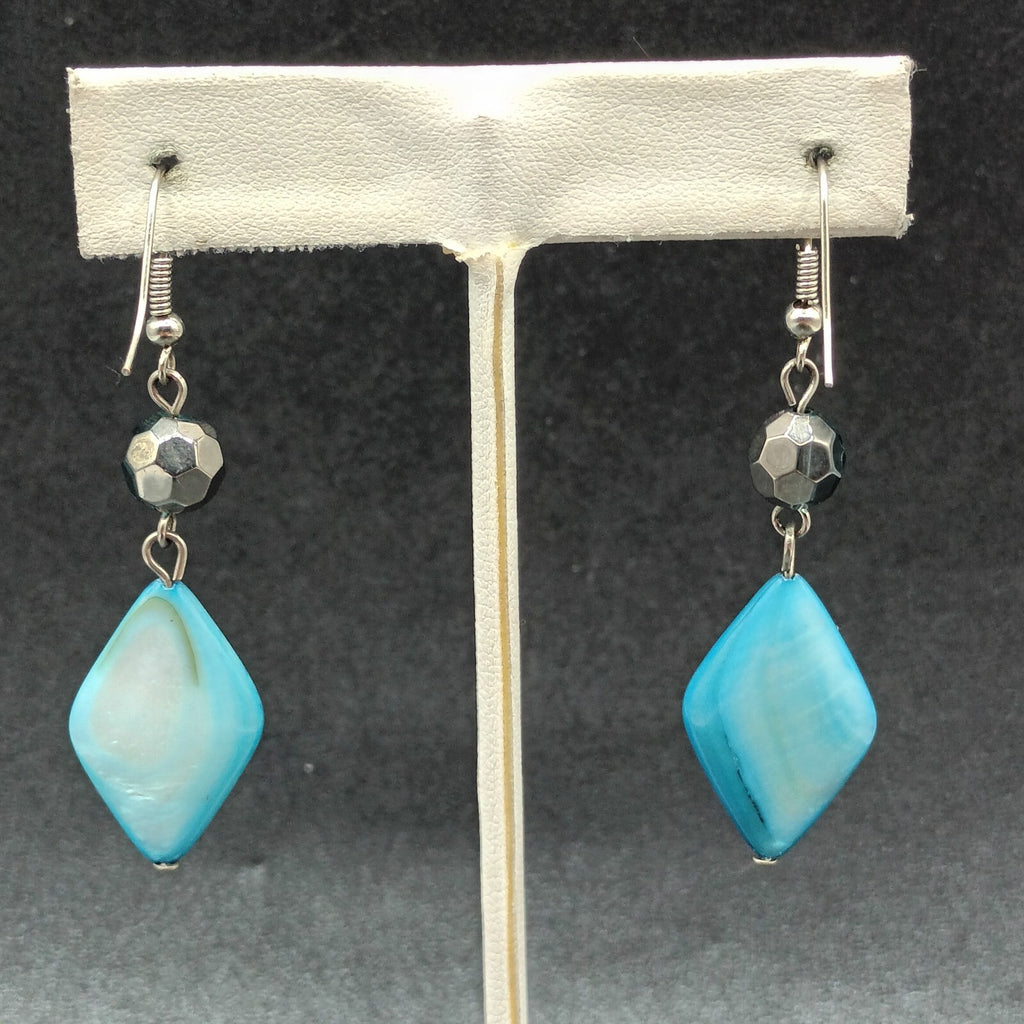Pierced Earrings Silver tone Hook Blue Shell Geometric Beaded Dangle 1 5/8"